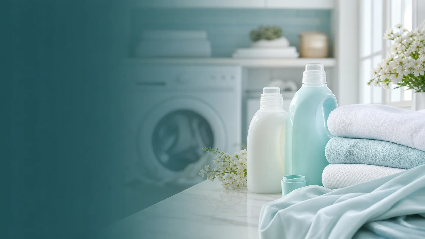 Ropa limpia, textiles suaves y área de lavado para representar la línea de suavizantes Haz Clean